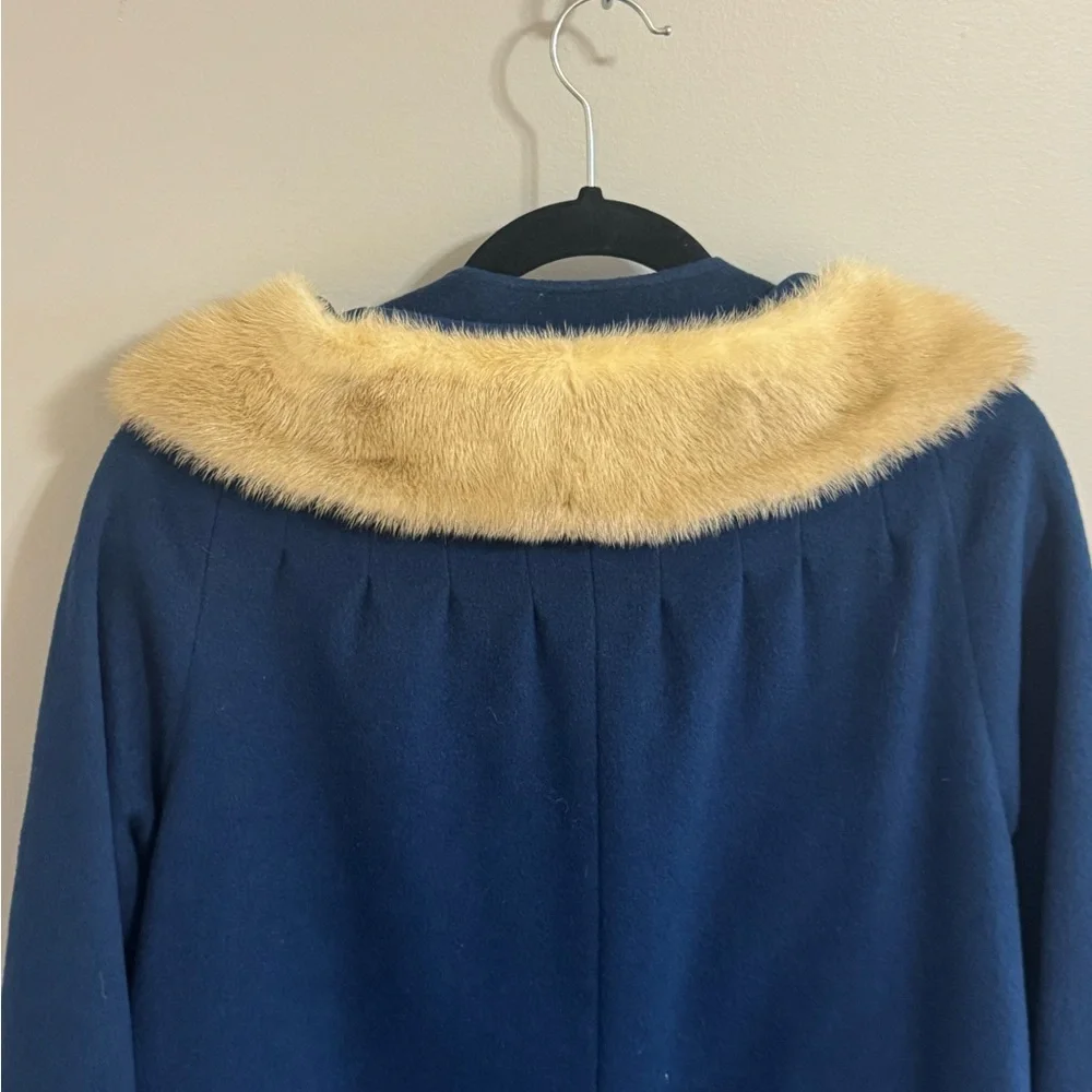 Vintage Kilgarnock Blue Wool Coat Genuine Fur Collar Mid Century‎